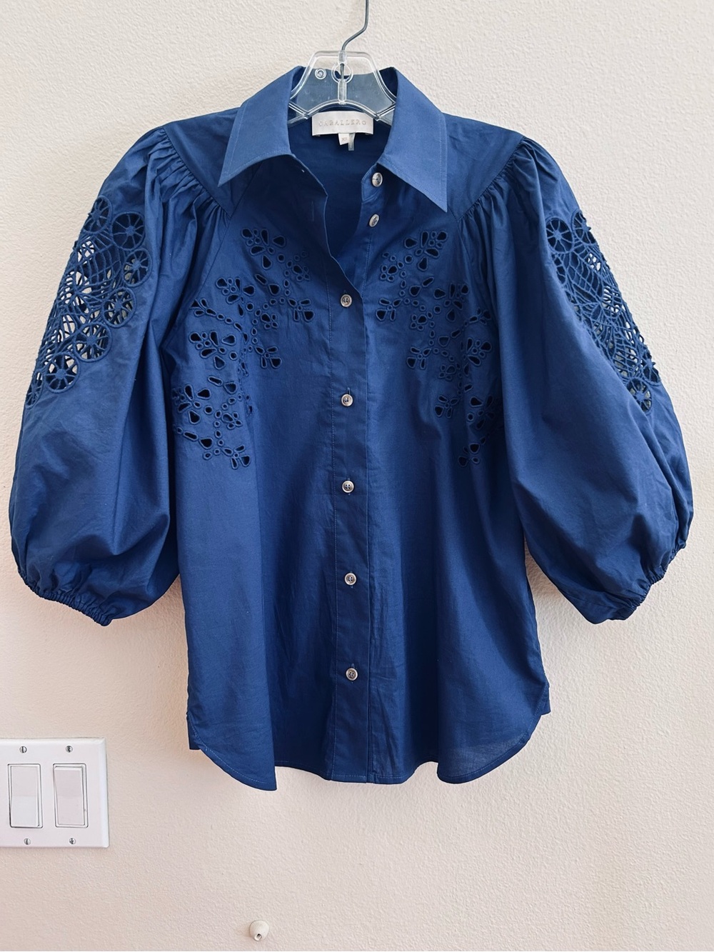 Caballero Mae Blue Embroidered Top XS Anthro Button Front 3/4 Puffed Sleeves